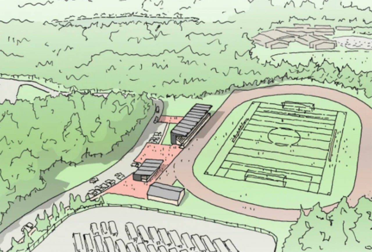 NKSD courtesy image
A rendering shows covered bleachers, among other additions, at Kingston High School’s athletic field, which will be added if voters approve North Kitsap School District’s $242 million, 20-year bond proposal during the Feb. 13 special election.