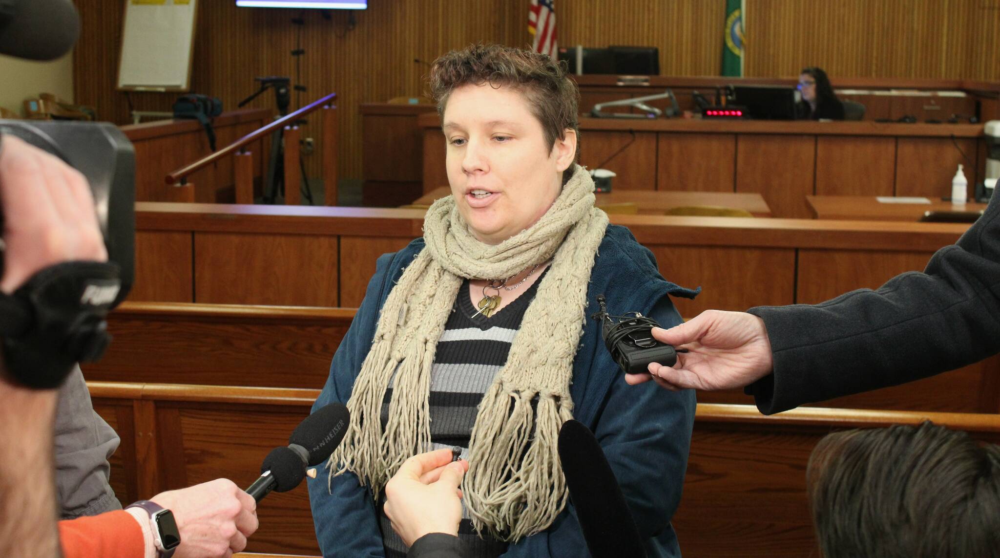 Frankey Ithaka answers questions from the media moments after a Kitsap judge denies a hearing challenging ex-President Trump’s eligibility for the state ballot.