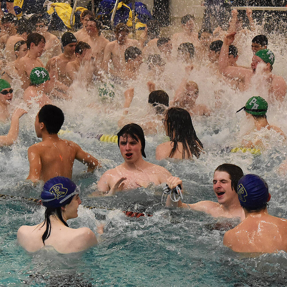 Nicholas Zeller-Singh/Kitsap News Group Photos
Swimmers celebrate the first Olympic League Championship at NK Community Pool.