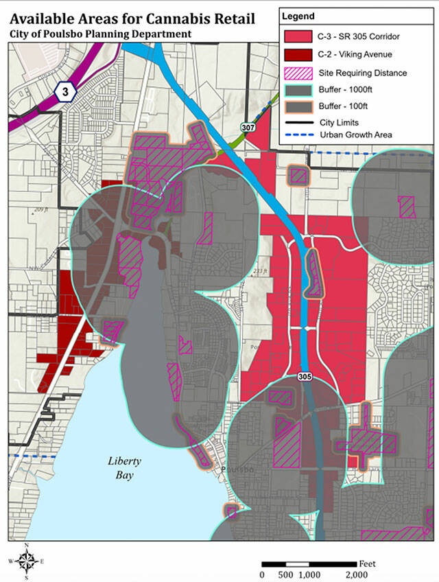 City of Poulsbo courtesy image
A map showing the available areas for retail cannabis in Poulsbo.