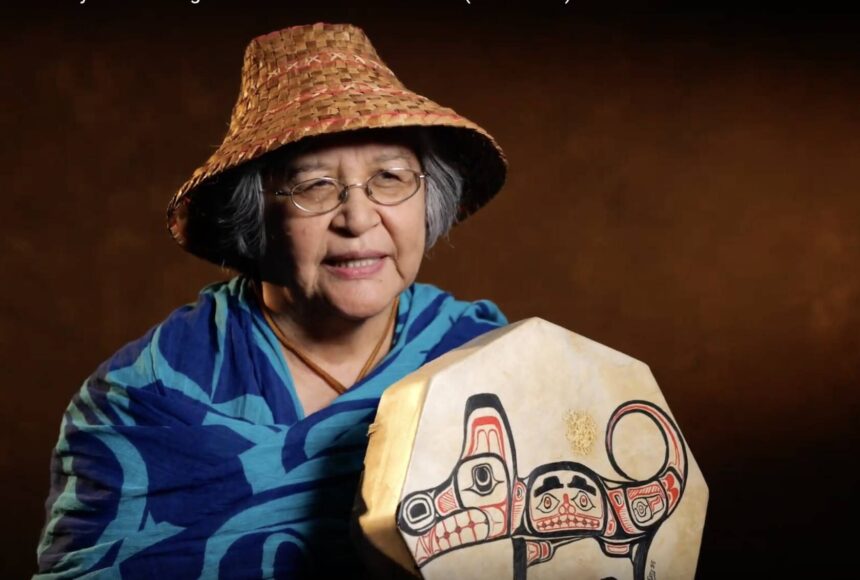 <p>Molly Hetherwick/Kitsap News Group</p>
                                <p>Indipino elder Bethany Mapanao displays the drum her brother painted for her with an image of her animal, a wolf. She is also wearing a woven cedar hat from the Lummi tribe, which she “wears with pride.”</p>