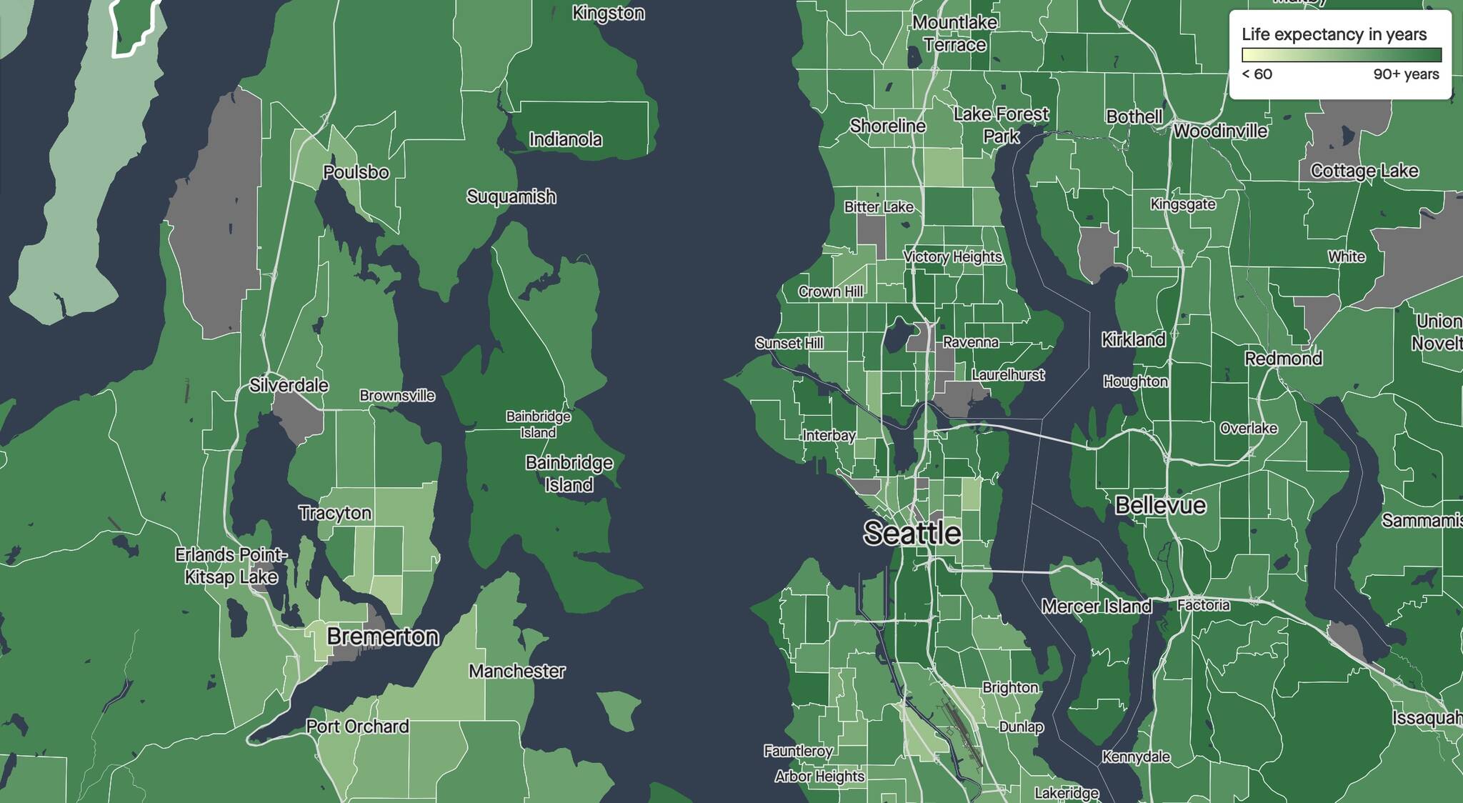 Molly Hetherwick/Kitsap News Group
Screen capture of a census-designated map demonstrating average life expectancy for the immediate Puget Sound region, with data circa 2015. Most trends are consistent.