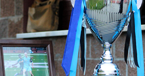 Elisha Meyer/Kitsap News Group photos
The championship trophy from POFC’s perfect inaugural season displayed at the entrance of Kitsap Bank Stadium for the club’s tryouts.