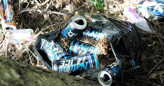 Elisha Meyer/Kitsap News Group
A bag of beer cans and other debris lie with other piles of trash in a roadside wooded area.