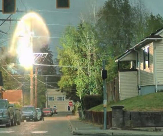 Brandi Marie courtesy photo
A cloud of smoke and fire erupts from a transmission pole in Bremerton in an image captured by eyewitness video footage.