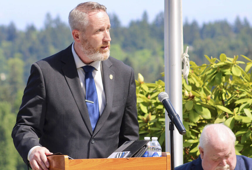 <p>Elisha Meyer/Kitsap News Group photos</p>
                                <p>Port Orchard police chief Matt Brown speaks to a small group of fellow officers and families during the Law Enforcement Memorial Day ceremony.</p>
