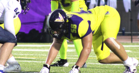 Elisha Meyer/Kitsap News Group
Nathaniel Thorton awaits the snap in a Week 2 game against Lynden Christian.