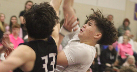 Luke Caputo/Kitsap News Group
North Kitsap senior guard Preston Keehn goes for a contested layup in a 77-47 loss to the Sequim Wolves in Poulsbo Feb. 7.