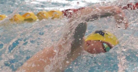 Luke Caputo/Kitsap News Group photos
Bainbridge Spartan Ryan Rich competing in the 200-yard medley relay at the 2A district boys swim and dive championships at Mount Tahoma High School Feb. 15.