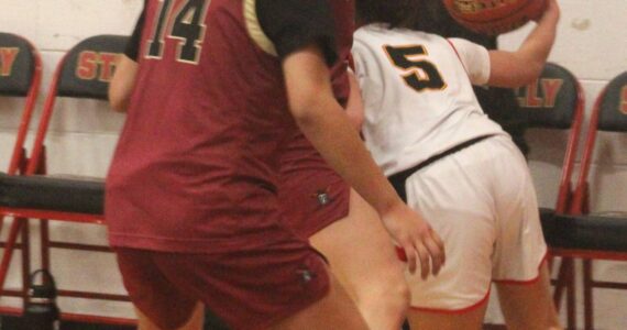 Luke Caputo/Kitsap News Group photos
Kingston Buccaneers Tati Fontes-Lawrence and Tavyn Belgarde playing tight defense against a Steilacoom Sentinel in the opening round of the 2A District 3 girls basketball tournament Feb. 15.