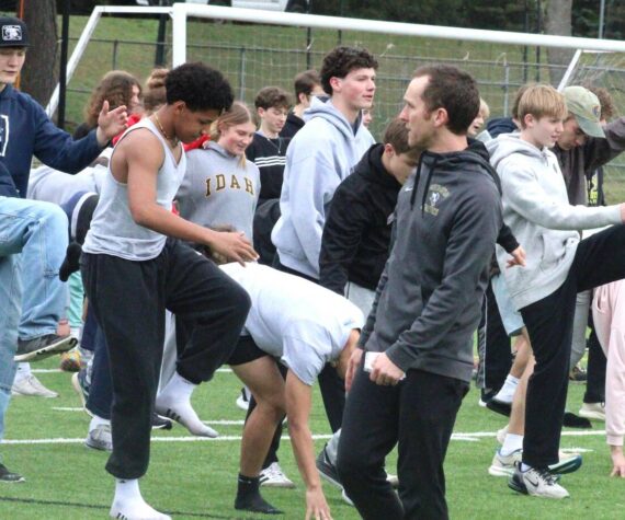 Luke Caputo/Kitsap News Group photos
Vikings assistant track coach Dustin Haydock preps his team on the first day of practice at North Kitsap High School March 3.