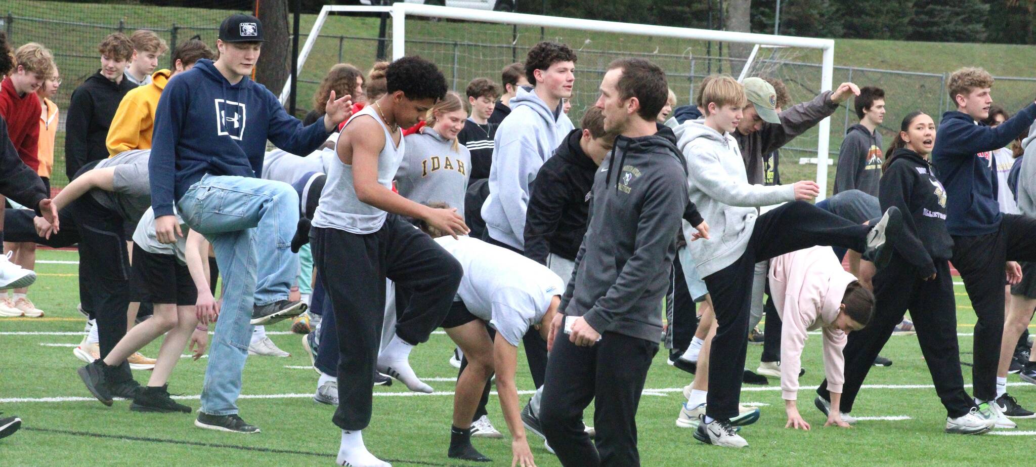Luke Caputo/Kitsap News Group photos
Vikings assistant track coach Dustin Haydock preps his team on the first day of practice at North Kitsap High School March 3.