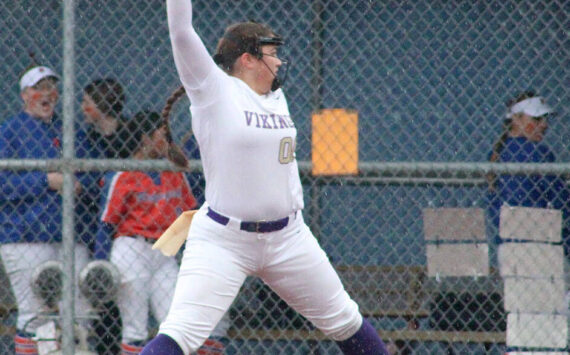 Luke Caputo/Kitsap News Group photos
Viking pitcher Charizma Fake winds up a pitch in a 4-2 loss against Ridgefield March 15 at the Kitsap County Fairgrounds.