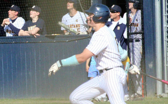 Luke Caputo/Kitsap News Group photos
Spartan Duncan Bos had 3 RBIs in a 15-1 win over the Bremerton Knights April 15 at Bainbridge High School.