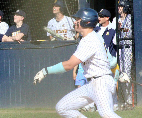 Luke Caputo/Kitsap News Group photos
Spartan Duncan Bos had 3 RBIs in a 15-1 win over the Bremerton Knights April 15 at Bainbridge High School.