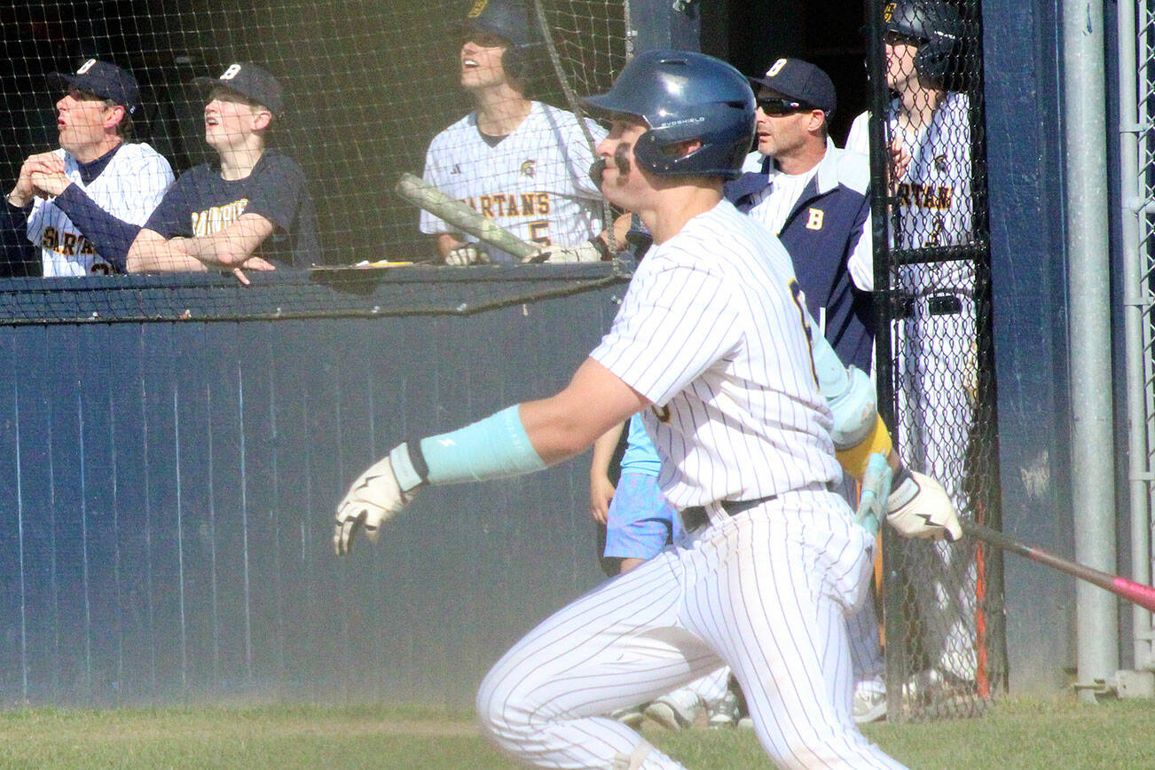Luke Caputo/Kitsap News Group photos
Spartan Duncan Bos had 3 RBIs in a 15-1 win over the Bremerton Knights April 15 at Bainbridge High School.