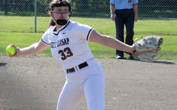 Luke Caputo/Kitsap News Group photos
Madison Bonilla of South Kitsap prepares to throw a pitch in a 12-6 Wolves loss to the Yelm Tornados April 16 in Port Orchard.