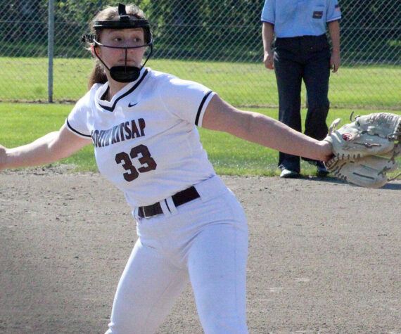 Luke Caputo/Kitsap News Group photos
Madison Bonilla of South Kitsap prepares to throw a pitch in a 12-6 Wolves loss to the Yelm Tornados April 16 in Port Orchard.