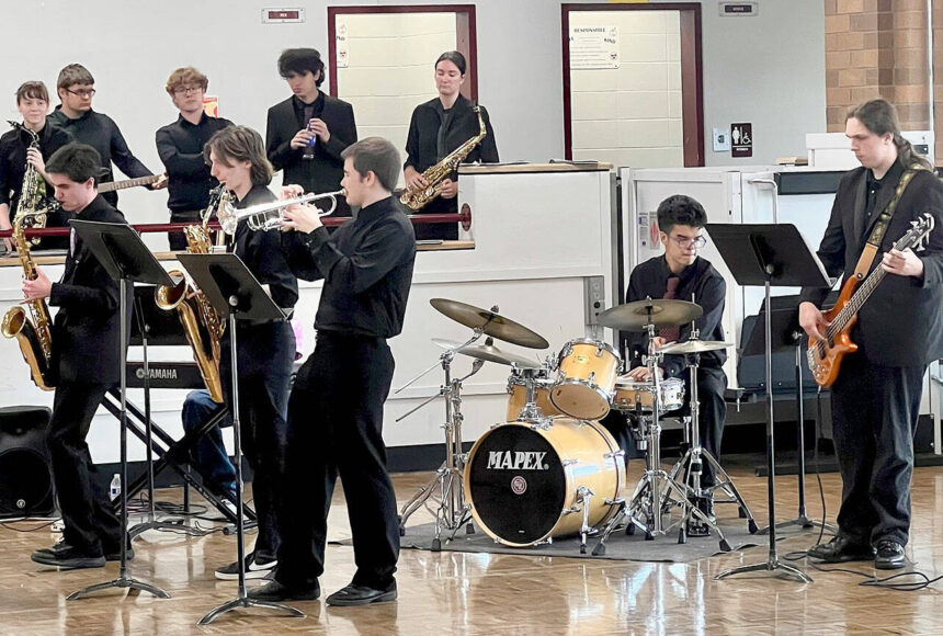 <p>Britney Fletcher-West/Kitsap News Group photos</p>
                                <p>SKHS jazz band members play ‘Scrapple from the Apple’ by Charlie Parker at the third-annual Night of the Arts May 28.</p>