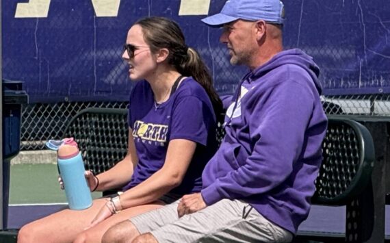 DeVries courtesy photo
Teegan and her father/coach Jay DeVries talk during the 2025 2A state tournament at the University of Washington.