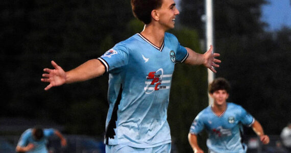 Jesse Mackenzie courtesy photo
POFC player Michael Divano celebrates after his first goal in the CPL championship game July 27 in Puyallup.