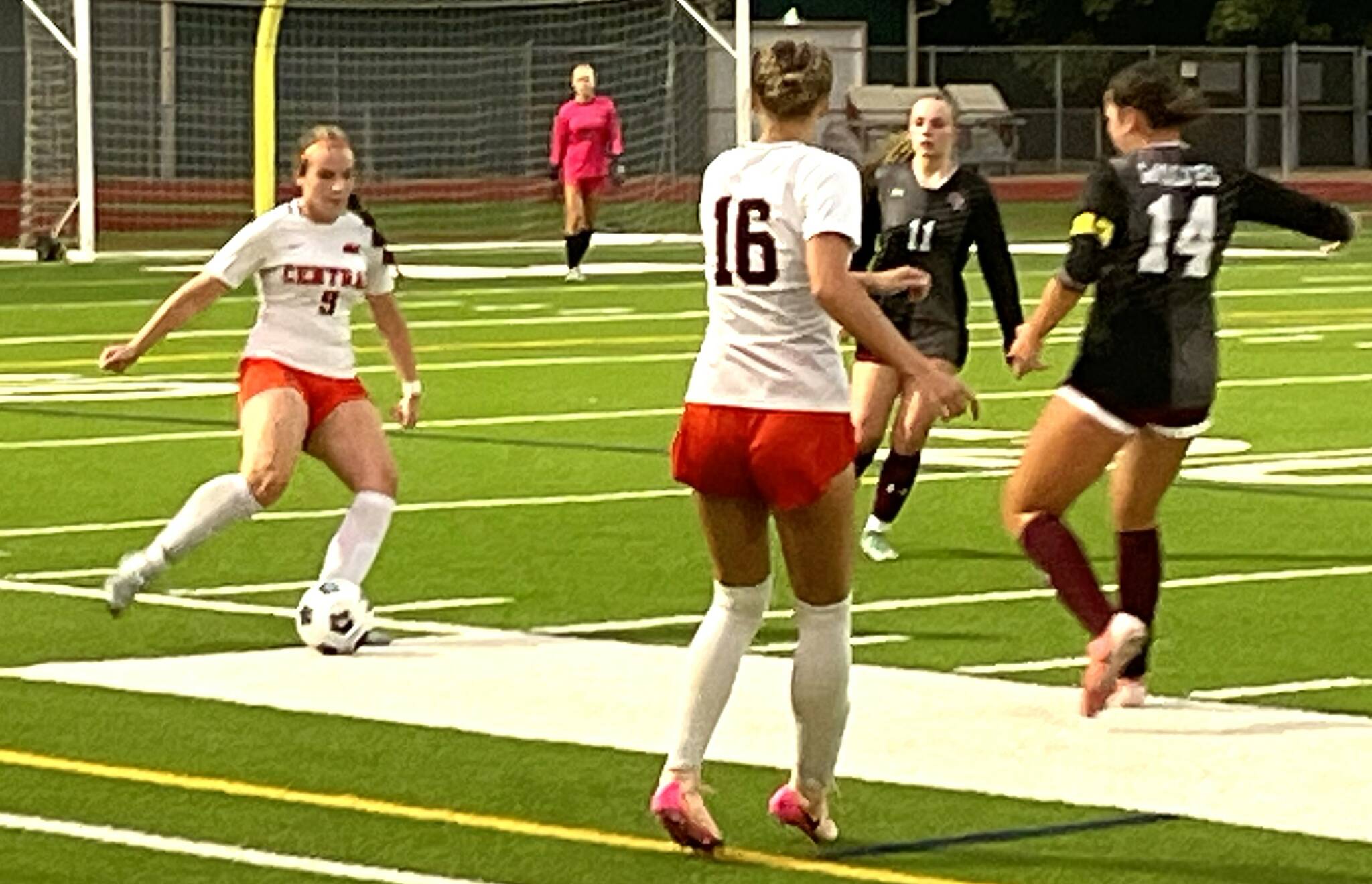 Luke Caputo/Kitsap News Group photos
Central Kitsap junior Rhylie Jones dribbles the ball through imposing South Kitsap defenders in a 2-0 Cougar win over the Wolves Sept. 4 in Port Orchard.