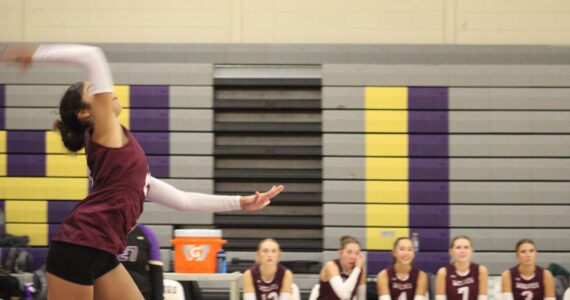 Luke Caputo/Kitsap News Group photos
SK’s Kohana Castro serves the ball in a 3-1 win Wolves win over the North Kitsap Vikings Sep. 10 in Poulsbo.