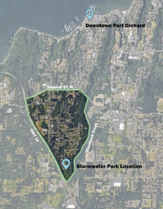 City of Port Orchard courtesy map
An outlined map shows the location of the proposed Sherman Avenue stormwater park in Port Orchard.