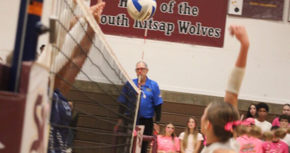 Luke Caputo/Kitsap News Group photos
Maggie Yearout of SK plays a point at the net in a 3-0 home win over the Rogers (Puyallup) Rams Oct. 6 in Port Orchard.