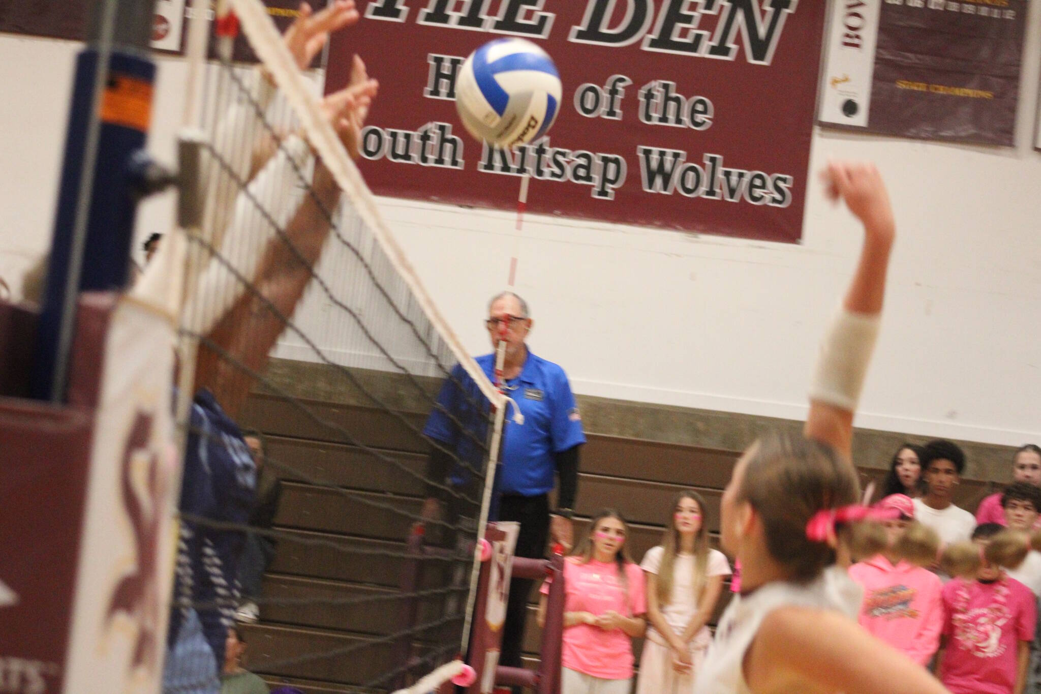 Luke Caputo/Kitsap News Group photos
Maggie Yearout of SK plays a point at the net in a 3-0 home win over the Rogers (Puyallup) Rams Oct. 6 in Port Orchard.