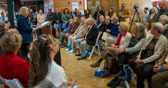 Bernadette Capindo courtesy photo
Olympic College interim president Joan Hanten addresses the crowd at a ribbon-cutting ceremony for the Poulsbo campus healthcare expansion Oct. 18.
