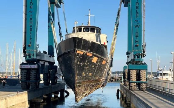 U.S. Coast Guard courtesy photo
The ‘Cairdeas’ was successfully removed from Sinclair Inlet and shipped to Port Townsend.