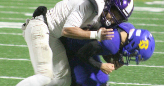 Luke Caputo/Kitsap News Group photos
Viking Solomon Furne brings down Knight running back Kenneth Najera in a 24-6 NK win Oct. 31 in Bremerton.