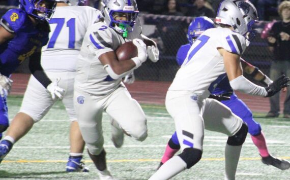 File photo
Trojan running back Chace Webster rushed for 331 yards and scored four touchdowns in a 27-14 Olympic home win over Chief Sealth Nov. 7 to advance to the opening round of the state tournament.