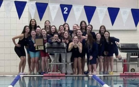 Krista Pal courtesy photo 
The Bainbridge High School girls swim team celebrates its first-place finish in the 2A West Central District Championships Nov. 8 at the Curtis Aquatic Center in Tacoma.