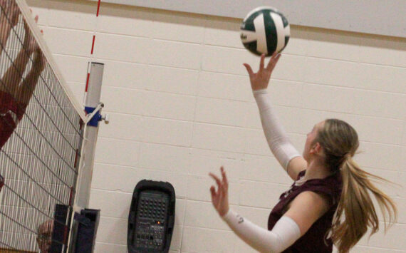 Luke Caputo/Kitsap News Group photos
SK middle blocker Madelyn Schmidt taps a ball over the net in a 3-0 loss to the Kennedy Catholic Lancers Nov. 14 in the first round of the District 3/4 4A volleyball tournament at Frontier Middle School in Tacoma.