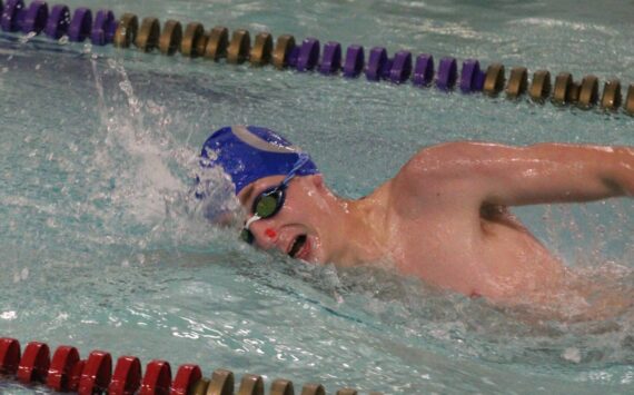 Luke Caputo/Kitsap News Group photos
Trojan Christopher Kylven took first-place in the 200-yard freestyle race, contributing to a 92-68 Olympic win over the Kingston Buccaneers Dec. 10 at the North Kitsap Community Pool in Poulsbo.