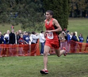 Central Kitsap's Shane Moskowitz nears the finish line at Saturday's Westside Classic. Moskowitz won the Class 4A West Central District boys race with a time of 15 minutes