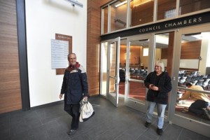 Councilman Jeff Bauman and his wife Denise inspect new Council Chambers.