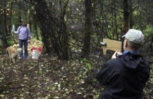 Dave Haley of the North Kitsap Heritage Park Stewardship Group measures a trail grade with the help of county Parks Stewardship Coordinator Lori Raymaker.