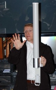 Kitsap Public Utility District Business Manager David Jones show a ground of POBSA members an antenna that is being used to create free Wi-Fi.
