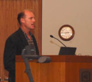 Scott Delhaute speaks to Hearing Examiner Kimberly Allen during the hearing Sept. 10 at the Kitsap County Administration Building regarding his newest project