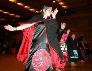 The regalia of Tulalip's women dancers included elaborate beaded or cedar headbands