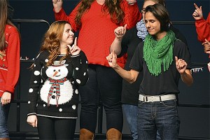 Two members of Block 6 ASL 3 performing 'Carol Bells' during the ASL Christmas concert.