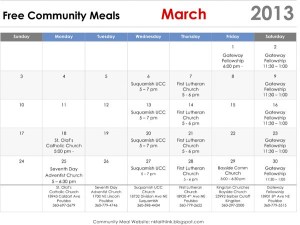 Community meals are served at no cost at the churches listed on this calendar. For more information