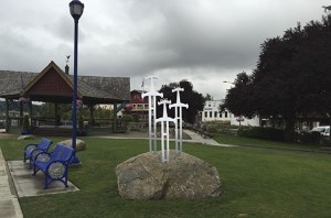 A conceptual image of the 'Guardian Stone.' The final version of the installation will feature colored glass in the center of the blades.