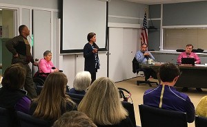 Willard Seward (standing at left) and Veniza Seward (standing in center) speak during a public comment period about their property at the CKSD board meeting April 13. Seated at right are board members Eric Greene and Rob MacDermid.