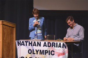 Mayor Patty Lent gives Nathan Adrian a key to the city of Bremerton. “He already has a street named after him
