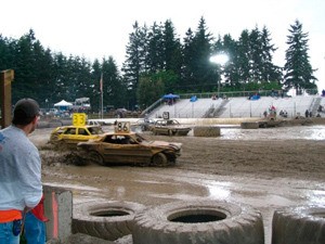 Derby cars race around the track at the Thunderbird Stadium last year.