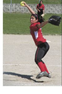Olympic College starting pitcher Erika Quint fires a strike during Game 1 of OC’s doubleheader sweep against Edmonds Community College at Lions Park on Tuesday. Quint